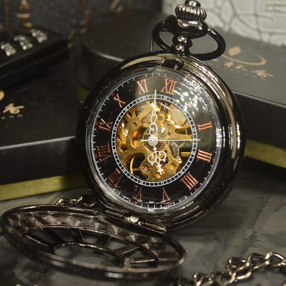 Black Steampunk Skeleton Mechanical Pocket Watch