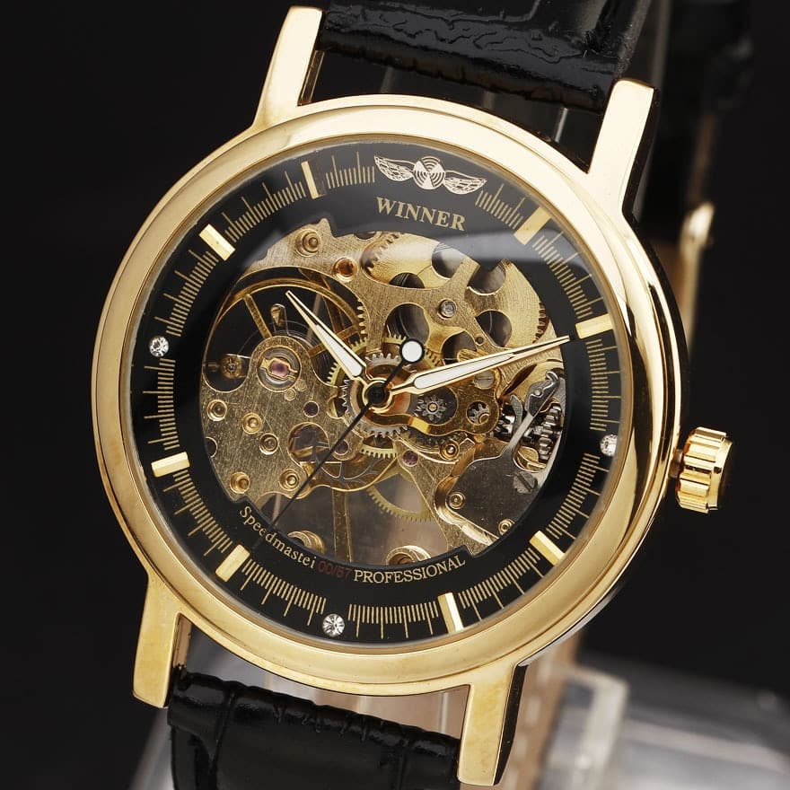 Skeleton Dial Genuine Leather Strap Wrist Watch