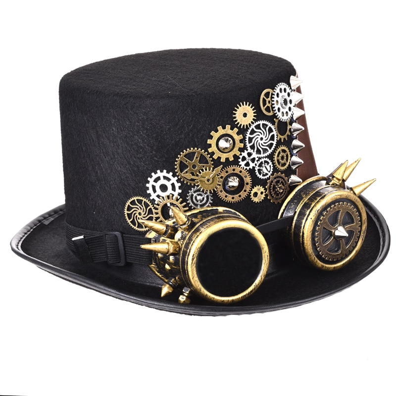 Punk-Black-Fedora-Steampunk-Gears-Spikes-Leather-Men-Women-Top-Hat-With-Googles-Gothic-Party-Festival