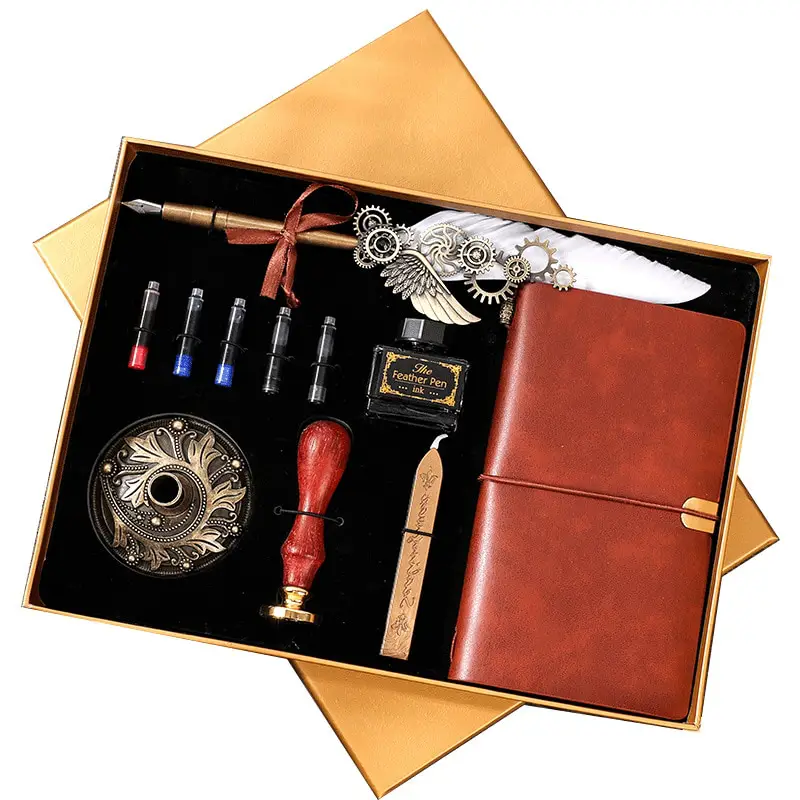 Victorian Feather Pen Set With Ink Bag