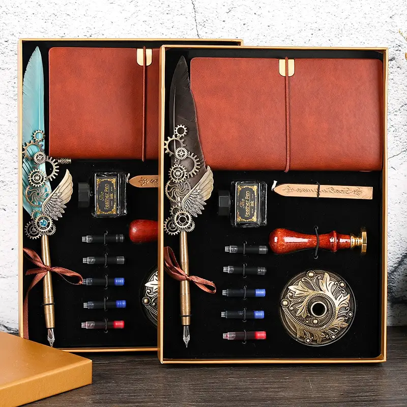 Victorian Feather Pen Set With Ink Bag